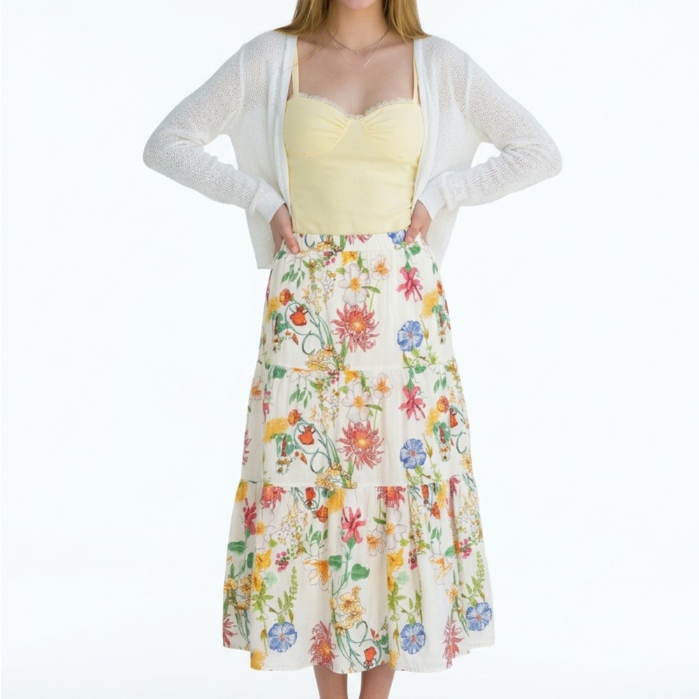 Womens LAURA ASHLEY Midi Skirt Sm Cream MultiColor Floral Linen Blend Cottagecor